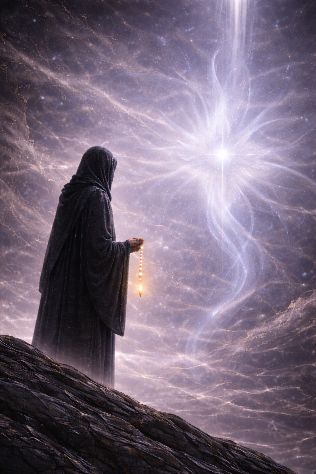 A hooded Druk encountering an astral inhabitant in the hidden field.